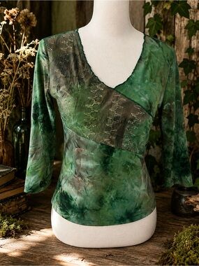 Y2K Green Whimsigoth Tie Dye Patchwork Faux Wrap Fairy Grunge Top